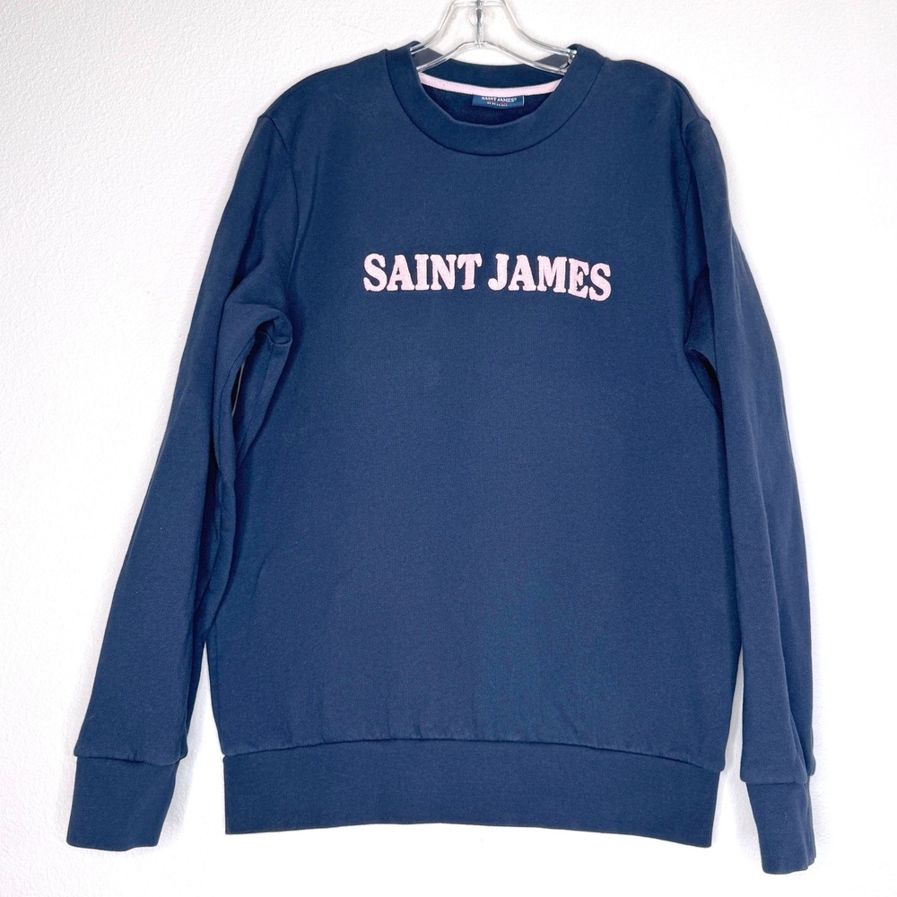 SAINT JAMES Solal Fleece Flocked Logo Mens Sweatshirt L (42) Navy w. Pink Cotton